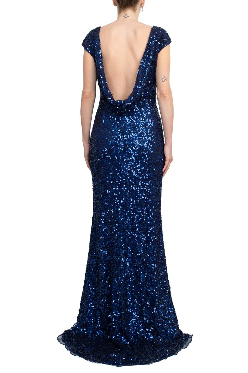 Primavera Boat Neck Cap Sleeve Cowl Back Sheath Sequined Dress